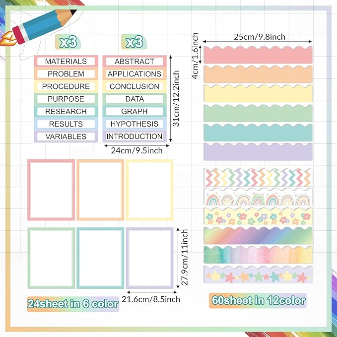 90 Pcs Science Fair Board Supplies 60 Trim Scalloped Bulletin Board Borders 24 Presentation Board Subtitles 6 Science Fair Titles for Classroom Display Boards (Pastel)