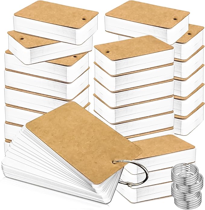 MotBach 1000 Sheets White Blank Flash Cards with Binder Rings,3.5 x 2.2 Inch Index Cards, Small Note Cards Study Cards Learning Cards Kraft Paper Cards, Easy Flip Mini Index Note Flashcards (20 Pack)