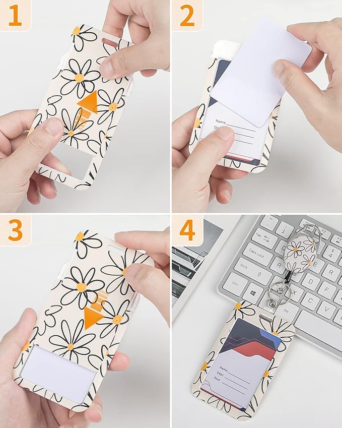 Uniclife 2 Pack Floral Sliding Badge Holder White Blue Flower Plastic Case with Retractable Badge Reel Carabiner Clip and Detachable Lanyard Strap Hard Vertical Card Protector