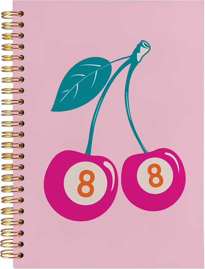 BearCake Funky Retro Preppy journal Pink Lucky 8 Ball Cherry Notebook, pink notebook, Pink Office Supplies, light pink notebook, Pink Desk Accessories, Pink Hardcover Spiral Notebook 5.5x8.3