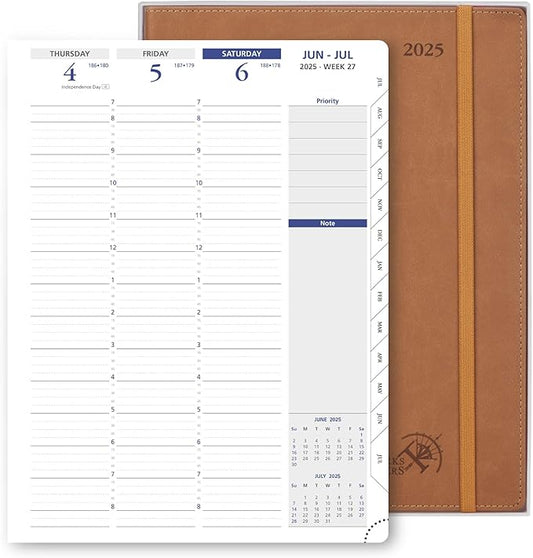 POPRUN 2025 Weekly Planner 8.5" x 11", Quarter-Hourly Appointment Book with PU Leather Soft Cover, Dual Pockets, Gift Box, Monthly Tabs, 100GSM Thick Paper, Sunday Start - Brown