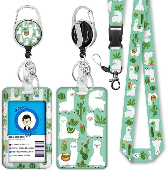 Cute Alpaca&Cactus Lanyards Detachable for Id Badges, Green Plants Retractable ID Badge Holder, Fashionable Badge Reel Heavy Duty with 360 Degrees Rotate Carabiner Clip, Nurse Teacher Office Gifts