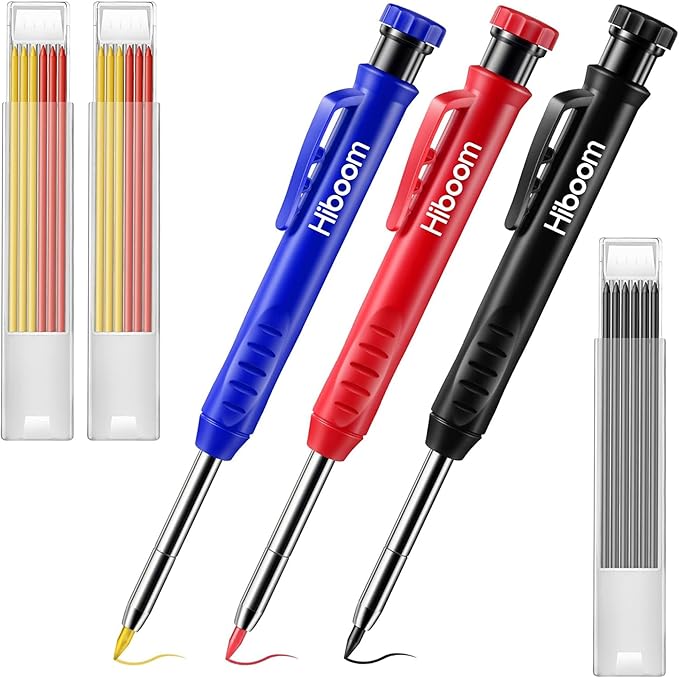 Hiboom 3 Pack Solid Carpenter Pencil with 21 Refill, Long Nosed Deep Hole Mechanical Pencil Marker with Built in Sharpener for Carpenter, Design Patent (Blue, Red, Black Cover)