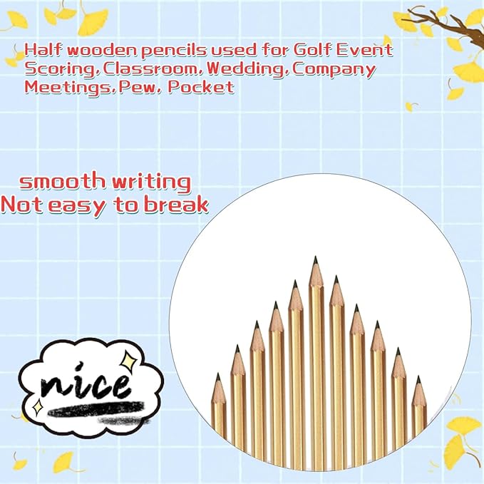 Adhere 25pcs Golf Pencils with eraser Hexagon Wooden Pencils Graphite 2B for Golf Event Scoring,Classroom,Wedding,Company Meetings,Pew, Pocket (Gold)
