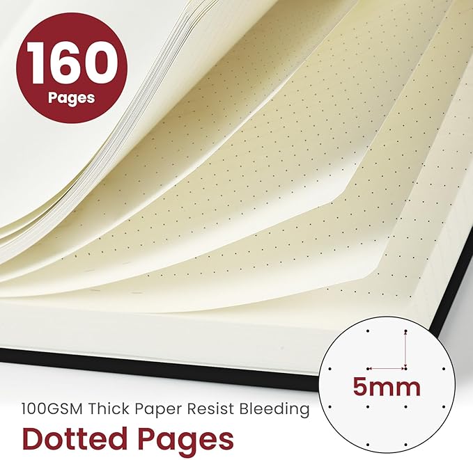 Bullet Dotted Journal Notebook for Women & Men, Hardcover Leather Journal for Writing, A5 Bullet Journaling Notebook for Work & Sketching, Perfect for Office School Home Supplies, 160 Pages, Black