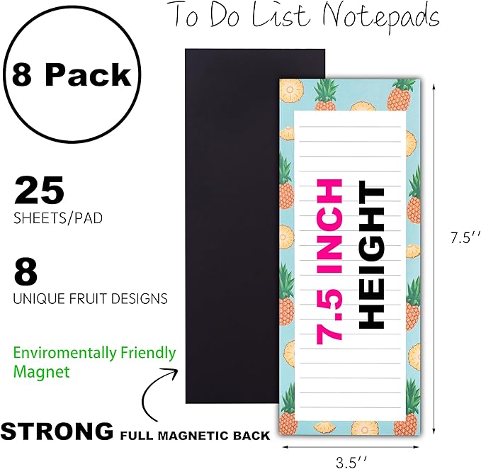 8 Magnetic Notepads – Notepads for Grocery List, Shopping List, To-Do List, Reminders -Strong Magnetic Back- Memo Notepad with Realistic Fruit Designs | 25 Sheets per Pad 7.5 x 3.5 inch (8 Pack)
