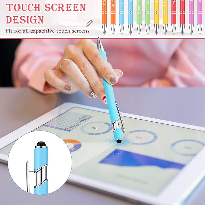 Zonon 12 Pieces Inspirational Pens Bulk Easter Basket Stuffers Motivational Quotes Ballpoint Pens with Stylus Tip Inspirational Gifts for School Office Teachers(Macaron,Boss Lady)
