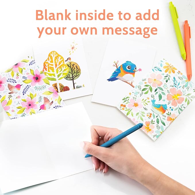 T MARIE 24 Blank Greeting Cards 4.5” x 6.25” with Envelopes and Stickers, Card Assortment Pack for All Occasions - Floral Watercolor Birds Boxed Set