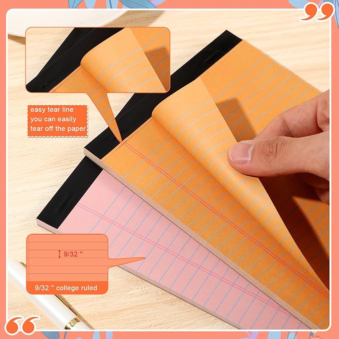 Lincia 12 Pcs 5" x 8" Colored Note Pads Mini Legal Pads Ruled 50 Sheets Per Micro Writing Pads Perforated and Lined for College Office Supplies (Bright Colors)