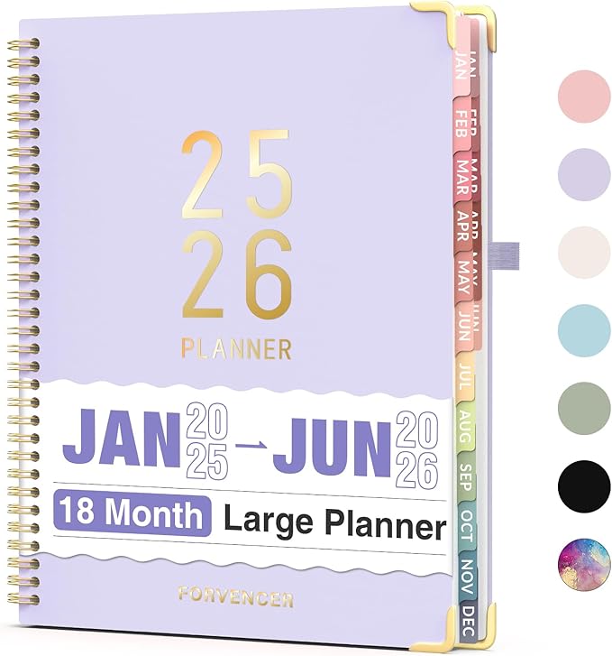 Forvencer Daily Planner 2025-2026, 18 Month Academic Planner, 8.5" x 11", Weekly and Monthly Planner, Jan 2025 - Jun 2026, Hardcover Day Planner, Spiral Agenda Book with Colorful Tabs, Office Home School Supplies, A4, Lavender Purple