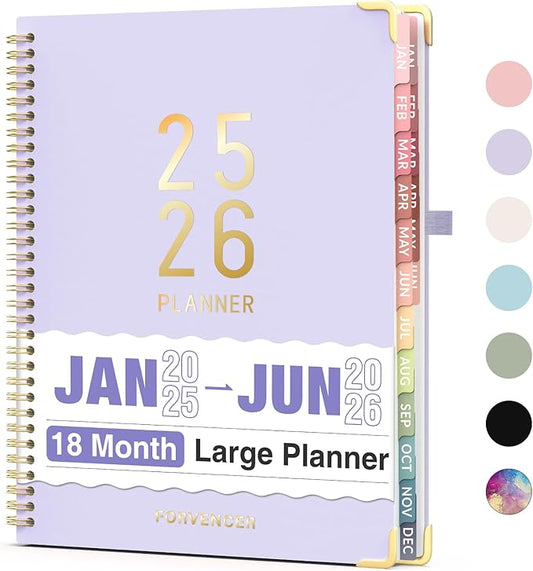 Forvencer Daily Planner 2025-2026, 18 Month Academic Planner, 8.5" x 11", Weekly and Monthly Planner, Jan 2025 - Jun 2026, Hardcover Day Planner, Spiral Agenda Book with Colorful Tabs, Office Home School Supplies, A4, Lavender Purple