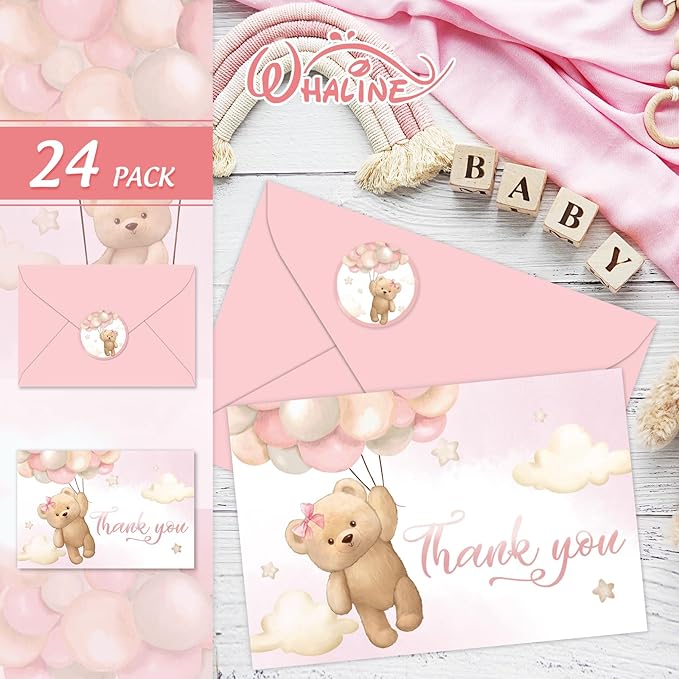 Whaline 24 Packs Bear Thank You Cards Pink Bear Balloon Greeting Cards Cute Cartoon Blank Note Cards with Envelopes and Stickers for Baby Shower Birthday Holiday Party Supplies, 4 x 6 Inch