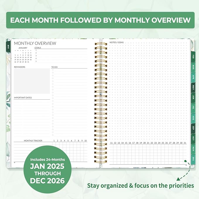 SUNEE 2025-2026 Monthly Planner - 24 Months (Jan 2025 - Dec 2026) Monthly Planner - 7"x10" Monthly Spreads & Yearly Planner, Eucalyptus