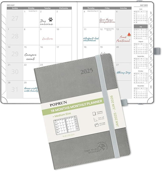 POPRUN Monthly Planner 2025-2026 (Medium- 6.5'' x 8.5'' Soft Cover), 18-Month Calendar Book (January 2025-June 2026), Calendar Planner with Monthly Tabs & Pocket, 100 GSM Paper - Grey