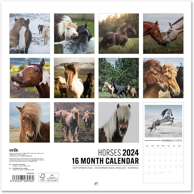 Wall Calendar 2024 12" x 12" FSC® Plastic Free - Starts Week On Sunday | Square Wall Calendar 2024 | Family Planner Calendar 2024 | 2024 Calendar (Horses 2024)