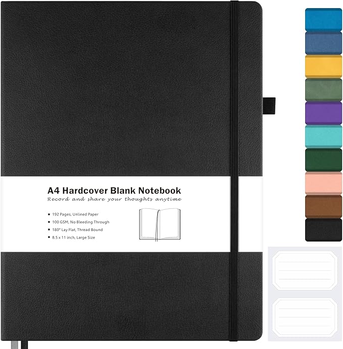 Blank Notebook, Hardcover Sketch Book, 8.5" x 11" Large Blank Journal, No Bleed Thick Paper Sketchbook for Drawing, Unlined Notebook Journal for Women Men School, A4 Leather Sketchbook Lay Flat, Black