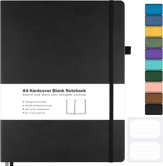Blank Notebook, Hardcover Sketch Book, 8.5" x 11" Large Blank Journal, No Bleed Thick Paper Sketchbook for Drawing, Unlined Notebook Journal for Women Men School, A4 Leather Sketchbook Lay Flat, Black