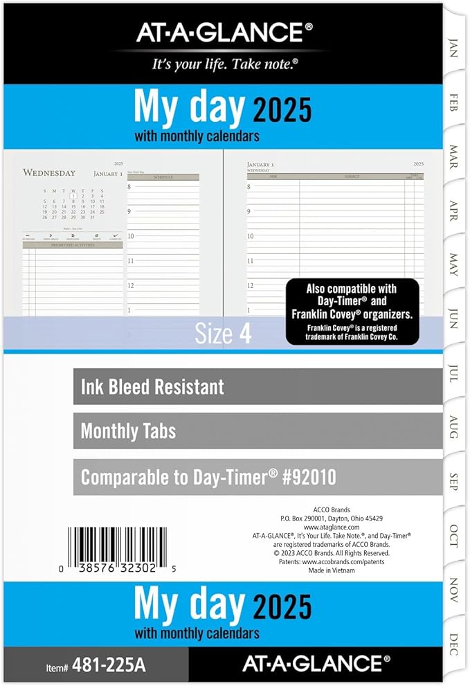AT-A-GLANCE 2025 Planner, Daily & Monthly, 5-1/2" x 8-1/2", Desk Size, Two Page Per Day Refill, Loose-Leaf (481-225A-25)