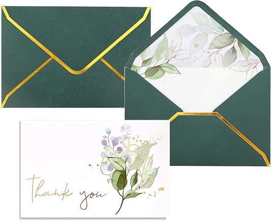 Heavy Duty Thank You Cards with Envelopes - 36 PK Gold Notes 4x6 Inches Baby Shower Wedding Small Business Graduation Funeral Bridal (Greenery)