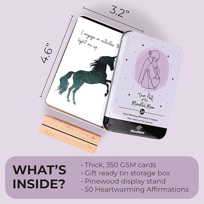 New Mom Affirmation Cards - 50 Postpartum Affirmation Cards for Self-Care, Gift for New Mom After Birth in Tin Box with Wooden Stand