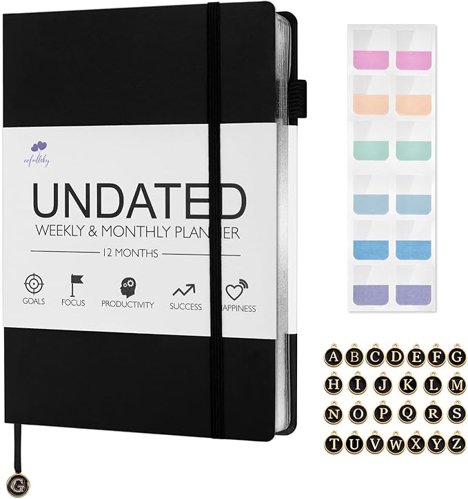 Undated Weekly and Monthly Planner, Cofullsky Weekly To Do List Planner Notebook with Unique Lettering Ribbon A5 Size Personalized Present Suitable for Women Men Teachers Kids (Letter V)