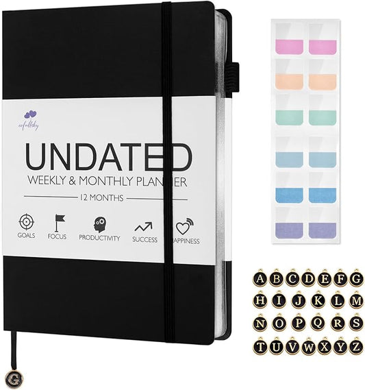 Undated Weekly and Monthly Planner, Cofullsky Weekly To Do List Planner Notebook with Unique Lettering Ribbon A5 Size Personalized Present Suitable for Women Men Teachers Kids (Letter R)