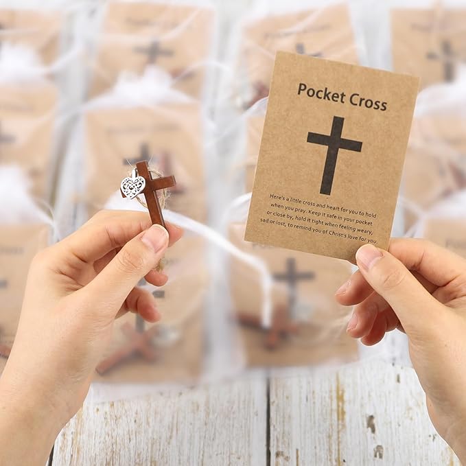Bulk 30 Pocket Cross Cards Christian Gifts, Wooden Pocket Cross Charm Christian Religious Gifts Small Faith Based Comfort Baptism Gift Inspirational Gifts for Women Men(Hollow Out Heart)