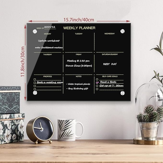Okydoky Glass Dry Erase Whiteboard,Weekly Whiteboard,12" x 16",Frameless Glass White Board for Home,School,Office,Black Surface(Glass Weekly-BK-3040)