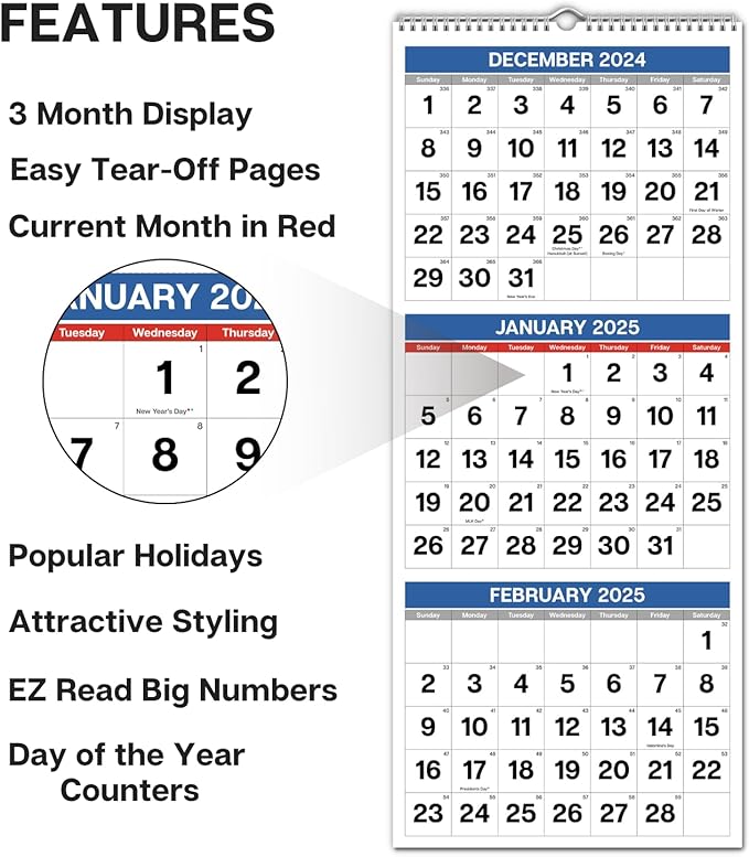 Dunwell Three Month View Calendar 2025 (Blue), 11x26" Open, 3-Month Wall Calendar Vertical, Use to December 2025, Tri Panel Calendar, Ships Folded