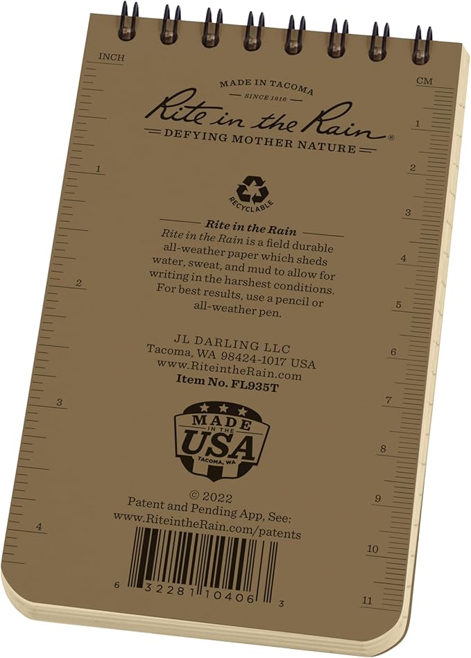 Rite in the Rain Weatherproof Top Spiral Notebook, 3" x 5", Tan American Flag Cover, Universal Pattern, 3 Pack (No. FL935T-3)