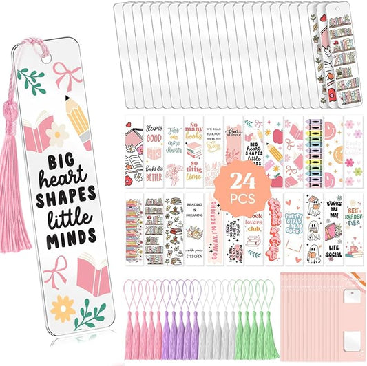 48PCS Bookmark Making Kit, 24 Acrylic Bookmark Blanks with 24Pcs Tassels, 24UV Stickers about Booklover Theme, DIY Blank Bookmarks Waterproof UV DTF Transfers Stickers for Clear Bookmarks DIY Projects