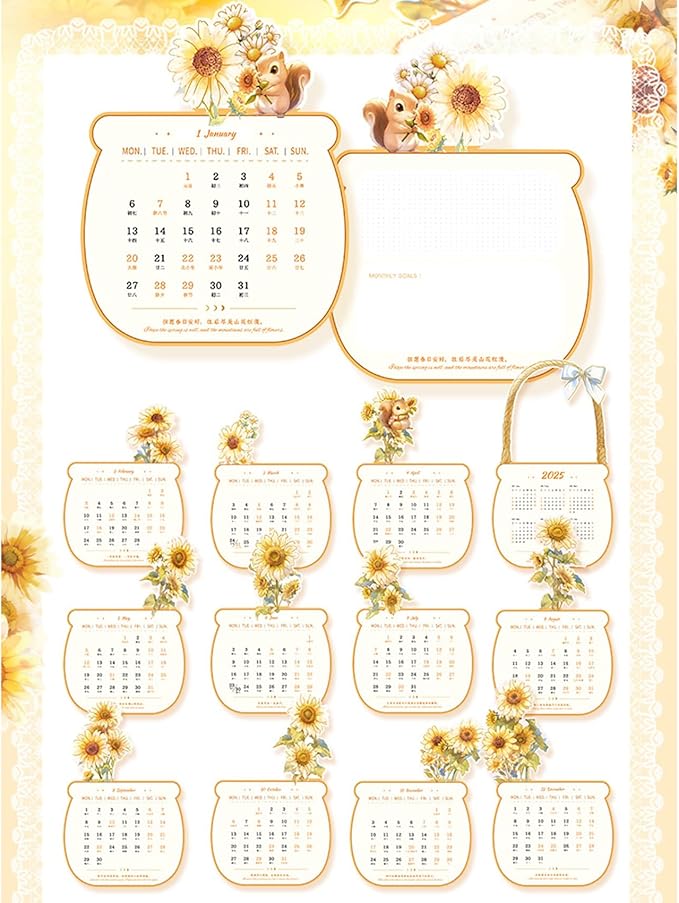 2025 Creative Desk Calendar Unique Flower Basket Shape Standing Monthly Calendar 8.5" x 6" - Sunflower