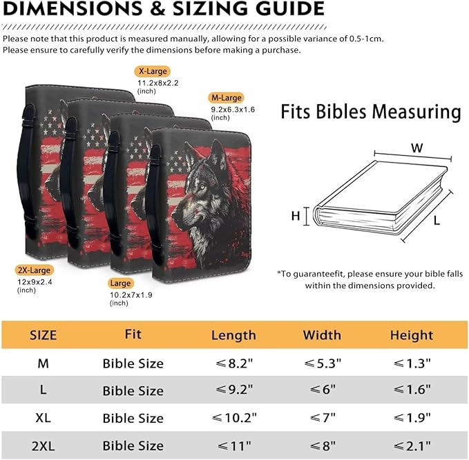 Lotusorchid American Flag Wolf Bible Bags, Faux Leather Bible Covers with Handle Pockets for Women, Portable Sturdy Bible Bag for Men, Christian Bible Study Accessories, Black and Red, L