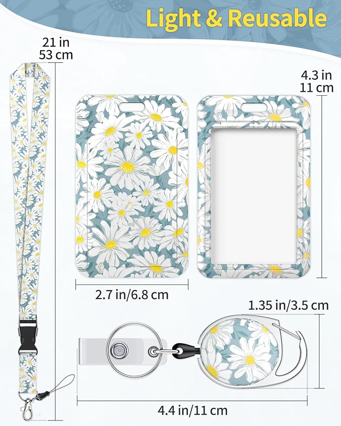 Uniclife 2 Pack Floral Sliding Badge Holder White Blue Flower Plastic Case with Retractable Badge Reel Carabiner Clip and Detachable Lanyard Strap Hard Vertical Card Protector