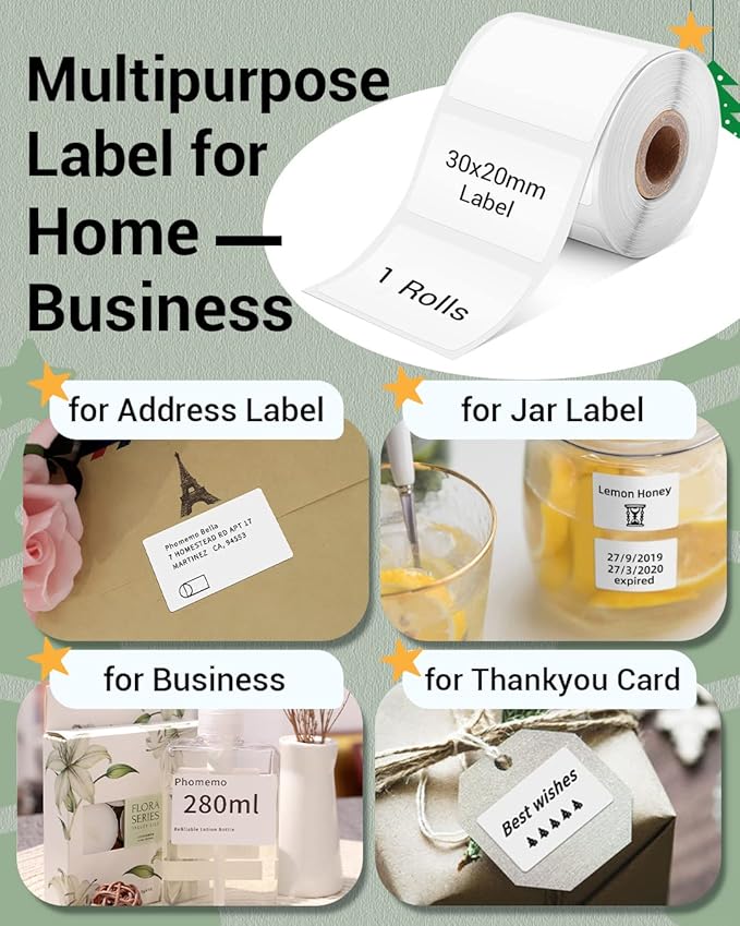 Phomemo Thermal Labels for M110/M221/M220/M120/M200 Label Printer,1.18" x 0.79" (30x20mm), 320 Labels/Roll, Black on White