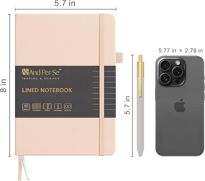 A5 Lined Journal and Pen Set, Hardcover Notebook with Pen, 160 Pages 100gsm Thick Ruled Paper for for Women Men Work Business School or Home Writing, 5.7'' x 8'' (Light Apricot)