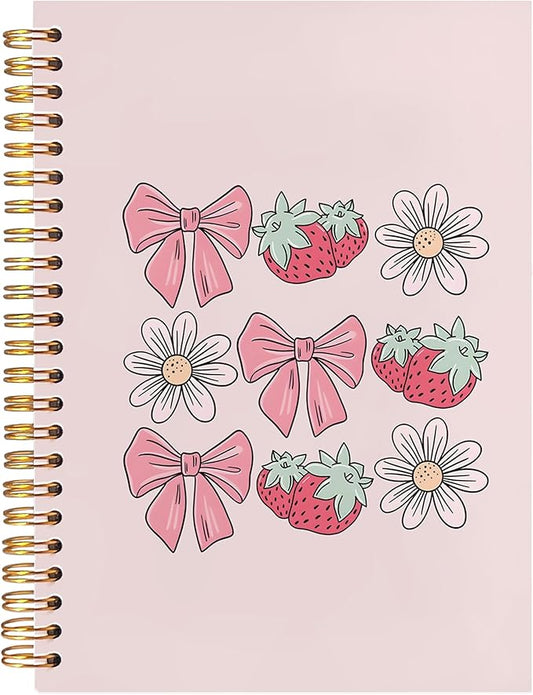 BearCake Spiral Notebook Journal For Women,Preppy Pink notebook gift,Aesthetic Notebooks,Bow composition notebook,Cute Strawberry Flower notebook,Pink Bow notebook,Spiral Notebook 5.5x8.3