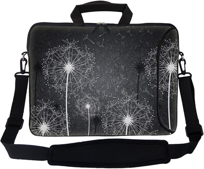 Meffort Inc 17 Inch Neoprene Laptop Bag with Extra Side Pocket, Soft Carrying Handle & Removable Shoulder Strap Fit 16" to 17.3" Size - Black White Dandelion