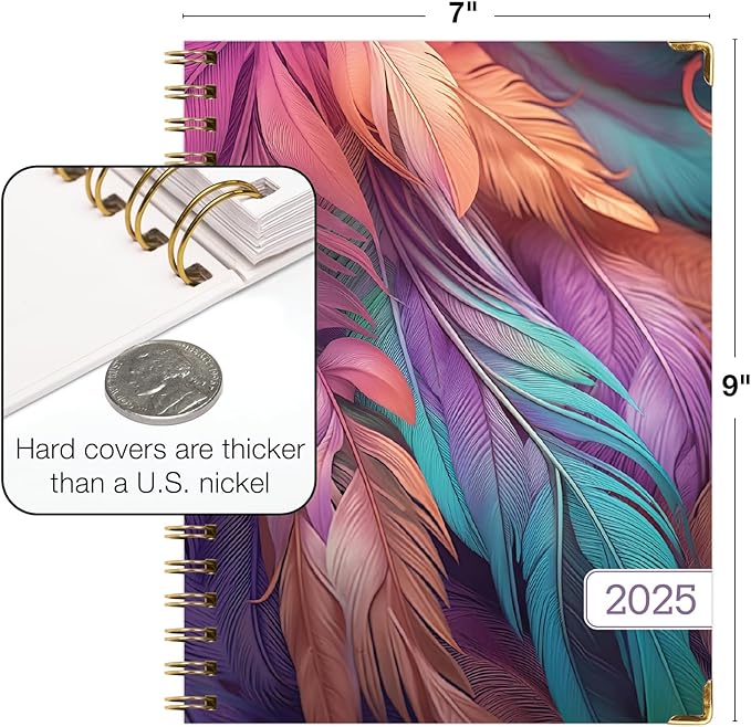 HARDCOVER 2025 Planner, 7"x9": 14 Months (November 2024 - December 2025), Daily Weekly Monthly Planner, Yearly Agenda, Bookmark, Pocket Folder and Sticky Note Set (Pastel Peacock)