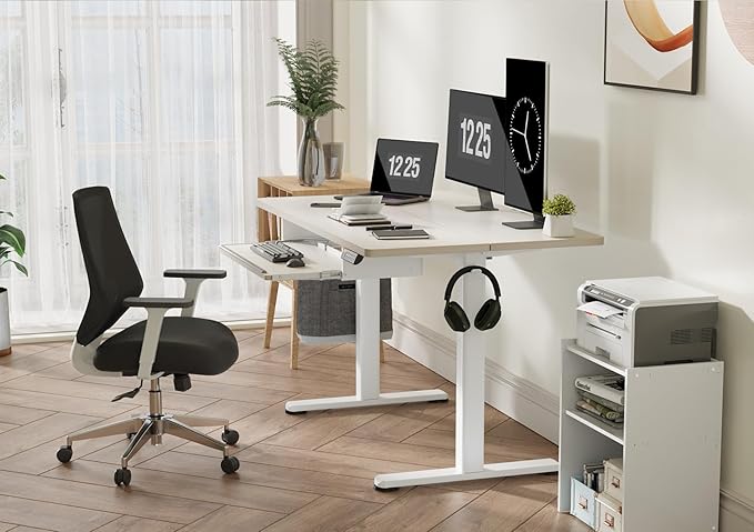 Standing Desk with Keyboard Tray, Electric Standing Desk Adjustable Height, 48x24 Inches Sit Stand up Desk with Splice Board, Raising Desk for Home Office, Natural