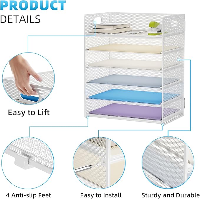 Marbrasse 6 Tier Paper Organizer - Mesh Desk File Holder with Handle, Letter/A4 Paper Sorter - White