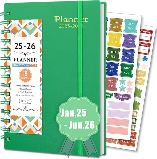 Academic Planner 2025-2026, Weekly and Monthly 2025-2026- From January 2025 - June 2026, Planning Calendar 2025-2026, 5.7" x 8.2", Dark Green