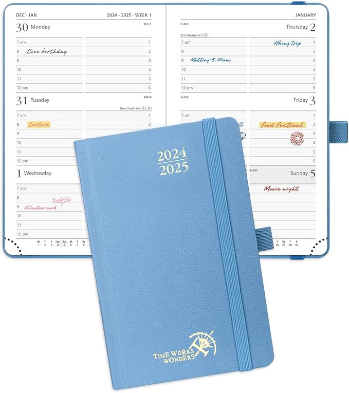 POPRUN Pocket Planner 2024-2025, [Pocket 4''x 6.25'' Hard Cover] Academic Year Calendar Daily Weekly and Monthly (July 24-June 25) with Hourly Time Slots, 100 GSM Paper - Haze Blue