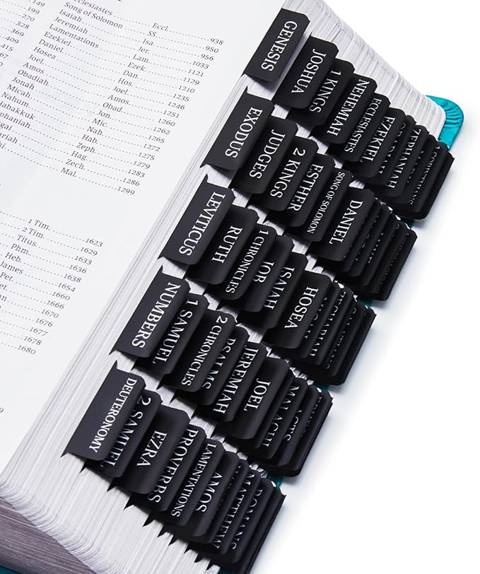 Laminated Bible Tabs for Women & Men - Large Print Tabs for Study Bibles, Boho Theme for Easy Navigation and Quick Reference - Easy-to-Read and Apply Tabs for All Ages-Black