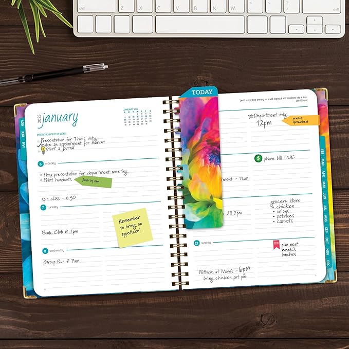 HARDCOVER 2025 Planner, 7"x9": 14 Months (November 2024 - December 2025), Daily Weekly Monthly Planner, Yearly Agenda, Bookmark, Pocket Folder and Sticky Note Set (Rainbow Petals)