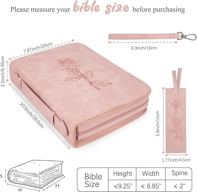 Bible Covers for Women, Leather Bible Study Case with Bookmark for Girls, Bible Supplies Carrying Bag Tote with Strap,Personalized Book Organizer Bag for Journaling Bible-Pink