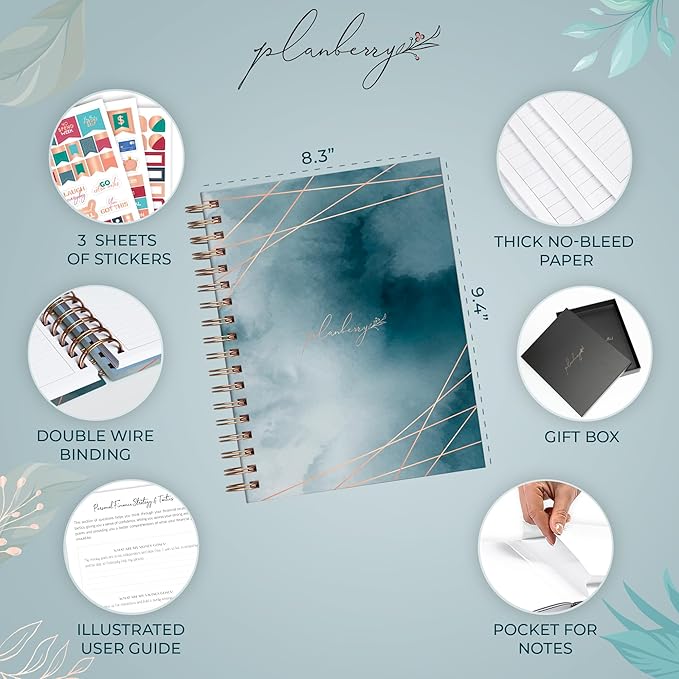 PLANBERRY Large Budget Planner & Monthly Bill Organizer with Pockets – Budgeting Book, Finance & Expense Tracker, 8.3x9.4″ (Ocean Depths)