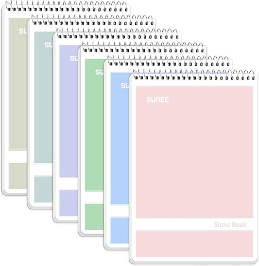 SUNEE Steno Pads 6x9 6 Pack, Gregg Rule, 60 Sheets, 6 Assorted Color Spiral Notebook 6x9, White Paper, Take Notes with Top Spiral Notebook, for School, University, College, Work, Office