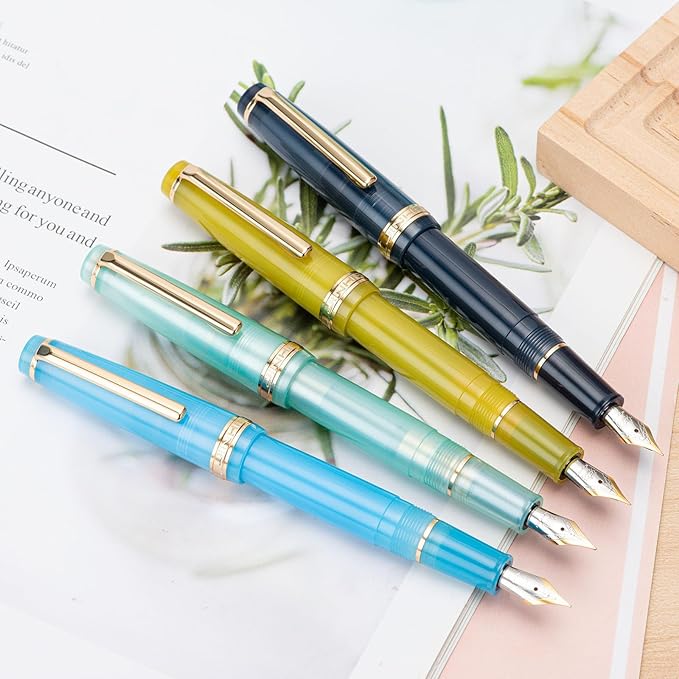 Jinhao 82 Acrylic Fountain Pen, Iridium Extra Fine Nib with Ink Converter, Transparent Sea Blue Classic Design Smooth Writing Pen (Gold Trim)