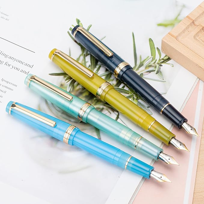 Jinhao 82 Acrylic Fountain Pen, Iridium Fine Nib with Ink Converter, Transparent Dark Blue Classic Design Smooth Writing Pen (Gold Trim)